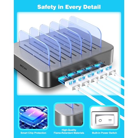 YUYAN-Charging Station for Multiple Devices : 5 Port Multi USB-A Charger Stations Multi-Device Organizer Charging Dock Designed for iPhone iPad Cell Phone Tablets (7 Short Cables Included) Silver
