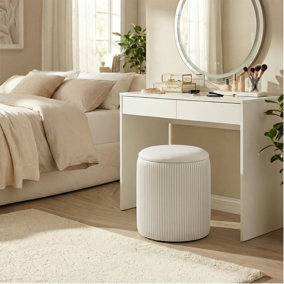 LEDREM Set of 2 Round Velvet Storage Ottomans, Vanity Stools with Removable Lid, Footrest & Coffee Table, for Living Room, Bedroom, Cream White