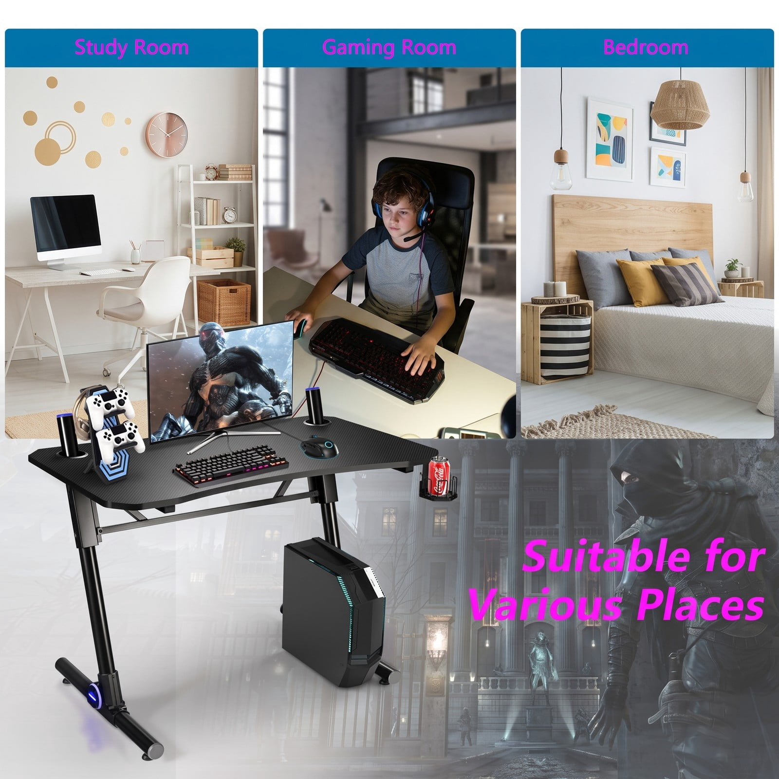 Furnibear 43.5 Inch Gaming Desk with Blue LED Lights, Height Adjustable Ergonomic Computer Desk with Cup Holder and Headphone Hook, Carbon Fiber Textured PC, Black