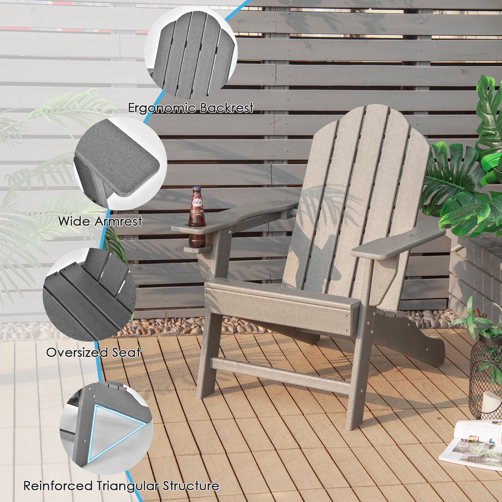 Costway Patio Adirondack Chair Weather Resistant Garden Deck W/Cup Holder Grey