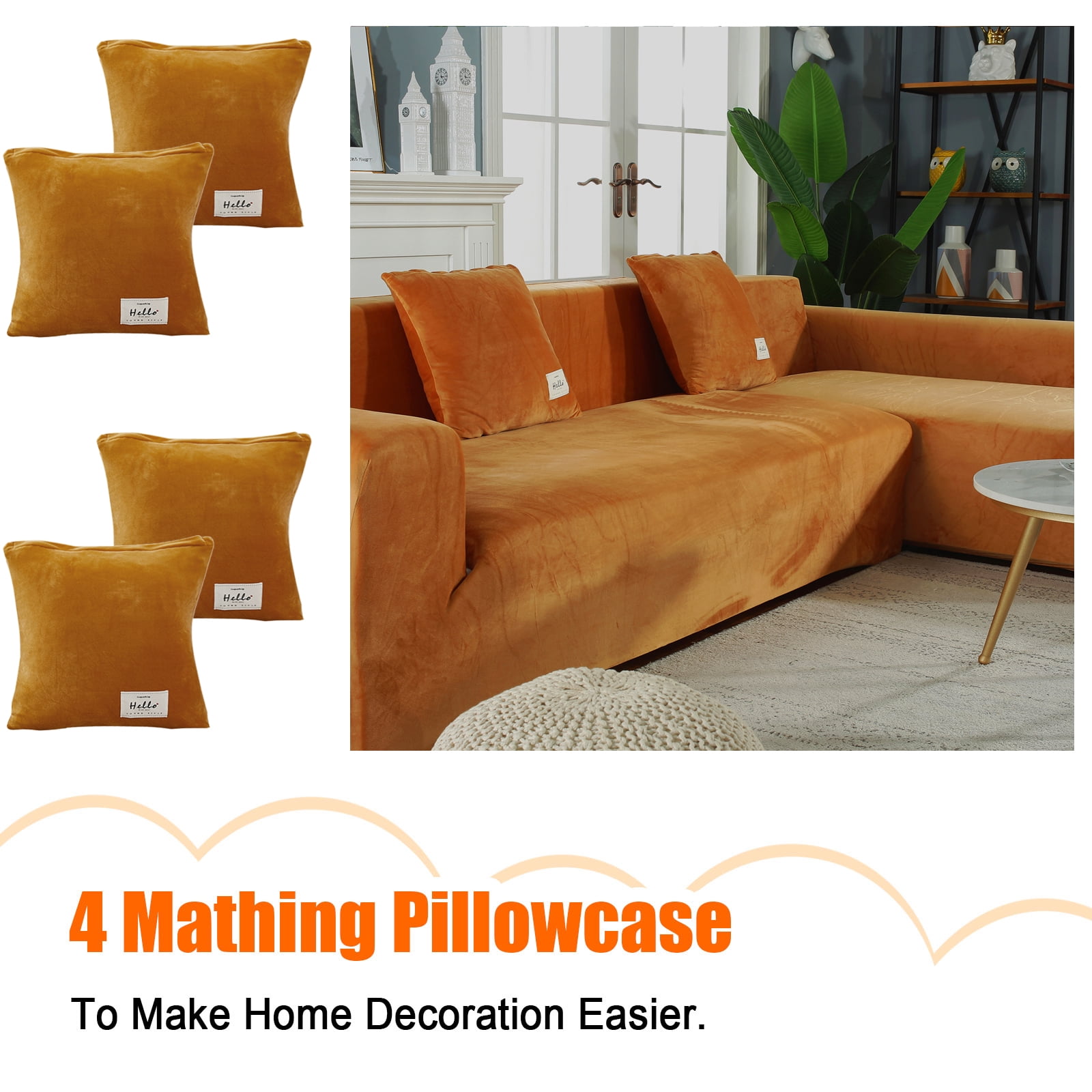 Eurhowing Velvet L-Shaped Sectional Sofa Cover with 4 Pillowcases, Stretch Soft Couch Slipcovers 3 Seater+4 Seater, Sofa Furniture Protector, Orange