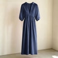 thumbnail image 3 of Ohufall Womens Cotton Linen Dress 3/4 Sleeve V Neck High Waist Dresses Turndown Collar Fashion Maxi Dress, 3 of 4
