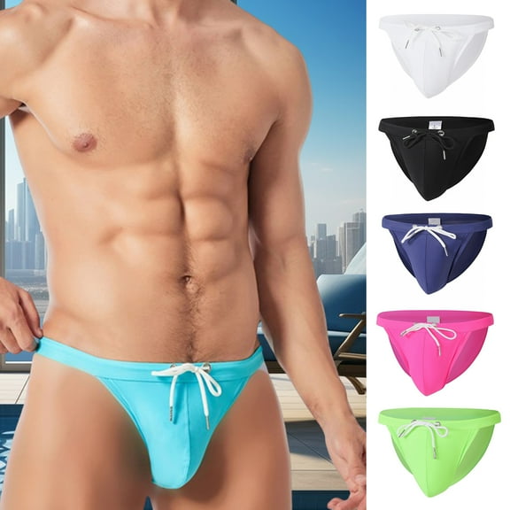 zeranth Men Triangle Swimming Briefs Low Waist Anti-exposure Drawstring Solid Color Soft Quick Dry Breathable Slim Fit Bathing Surfing Water Sports Swimming Trunks