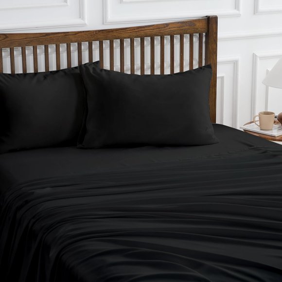 Biwat-Hitime California King Size 4-Piece Sheet Set - Ultra Soft & Breathable Polyester Bed Sheets, All Season Cooling Bedding with Deep Pockets, Wrinkle & Fade Resistant (Black, California King)