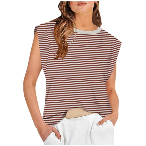 HADST Women's Cap Sleeve Tank Top Casual Summer Striped Tops Loose Fit Basic Round Neck T-Shirt