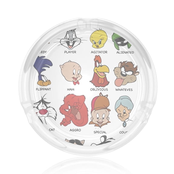 Looney Tunes 'Character Faces' Round Glass Ashtray 3d Printing For Indoor And Outdoor, Home, Office, Tabletop Decoration (3.5" Diameter)