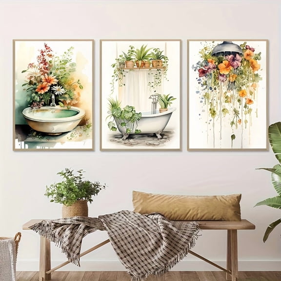 3pcs Frameless Modern Abstract Floral Bathroom Wall Art - Large Botanical Prints (15.7x23.6in/40x60cm) Canvas Paintings - Pastel Greenery, Orchids, Bathroom Scenes - for Living Room, Bathroom, Offic