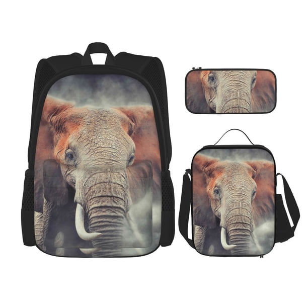 Easygdp Elephant in Smoke Mochila para Niños y Niñas con Set de Caja de Almuerzo y Estuche para Lápices 3 en 1, Mochila Escolar Estampada para Adolescentes