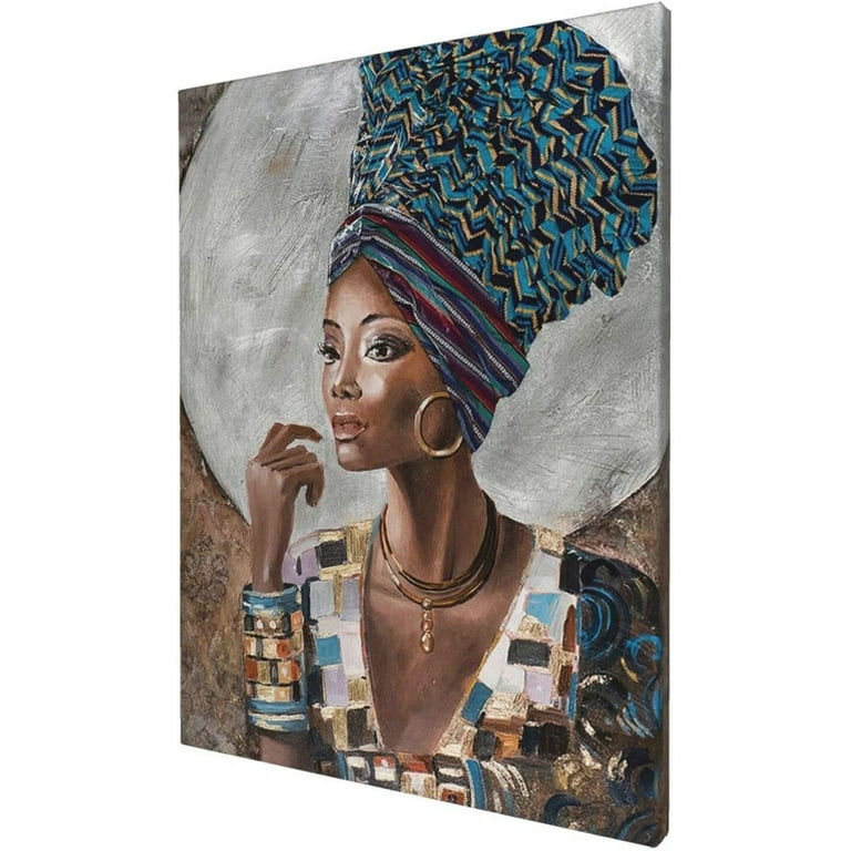 Bulldog Leather Works African American Wall Art, Canvas Painting Black and Golden Woman Portrait Abstract Gold Earrings Necklace Poster Artwork