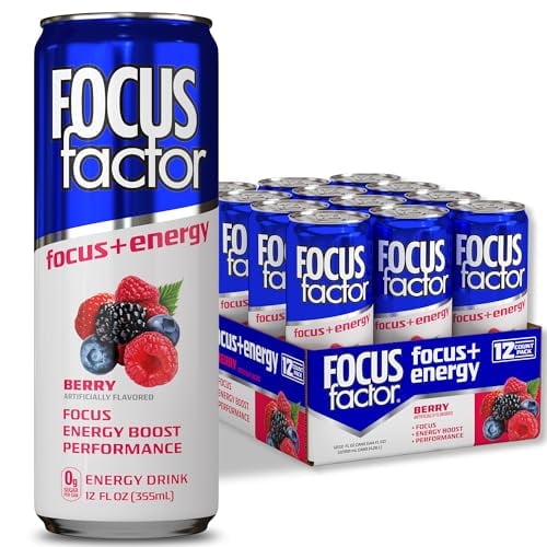Focus Factor Energy Drink - 12 x 355ml Cans (Berry Flavor) - with Focus   Energy - Lightly Carbonated, Sugar Free, Low Calorie with Vitamin B6 & Vitamin B12