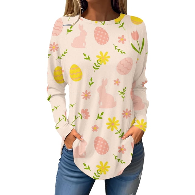 Pxiakgy Hauts de Pâques pour Femmes en Solde, Chemise à Manches Longues Imprimée Œuf de Pâques et Lapin Col Rond Décontracté Chandail en Molleton Printemps Pâques Lapin Œuf de Pâques Col Rond Ample Décontracté