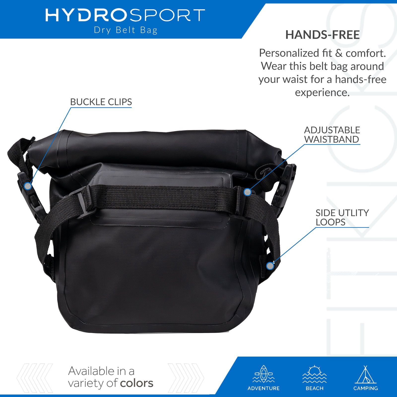 FITKICKS HydroSport Dry Belt Bag Waterproof Waist Pack with Adjustable Strap - Black