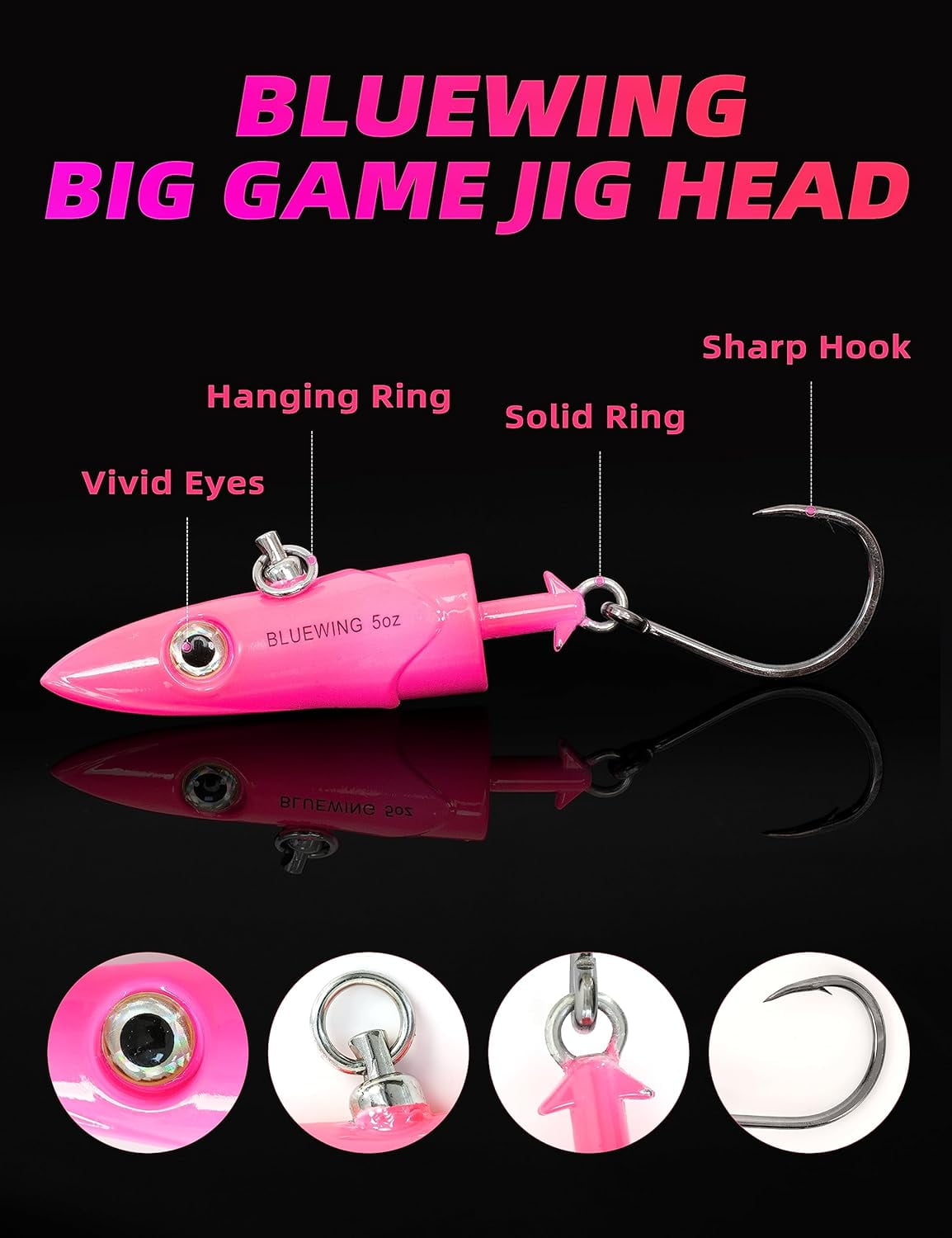 BLUEWING Big Game Jig Head with High Strength Stainless Steel Ball Bearing Swivel and High Carbon Steel Hook 1pc Saltwater Fishing Lures Lead Head Fishing Jig, Pink 7oz