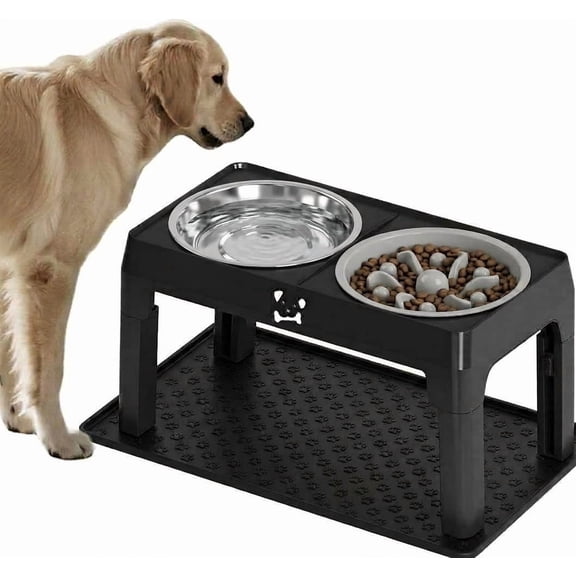 Damaidlyth 5-Height Adjustable Elevated Dog Bowls with Stainless Steel Bowls, Slow Feeder Bowl and Non-Slip Mat for Medium and Large Dogs, Black