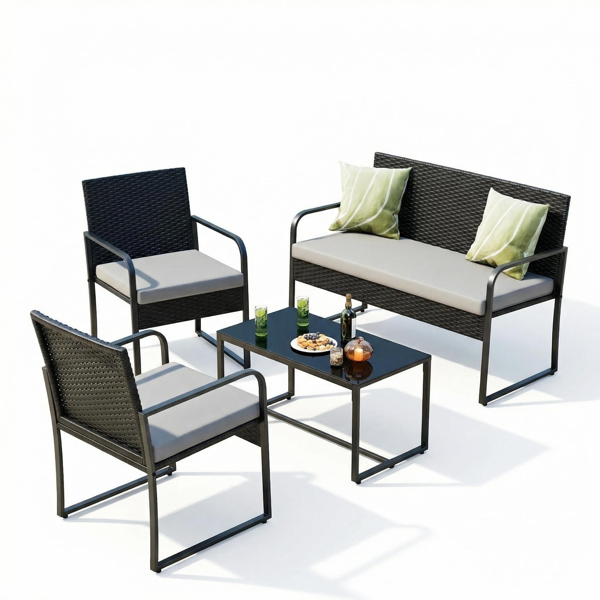 Lofka 4-Piece Outdoor Wicker Patio Furniture Set - All-Weather Rattan Sofa Set with Glass Coffee Table & Waterproof Cushions for Backyard, Porch, Garden, Light Gray  Cushion