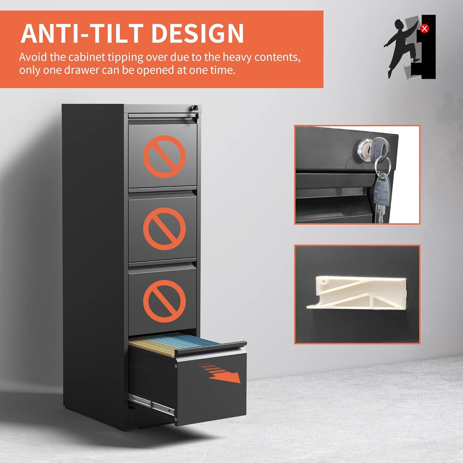 IKIMI 4-Drawer Vertical File Cabinets with Lock, Portable Rolling Metal Filing Cabinet for Legal/Letter/A4 Files, Black