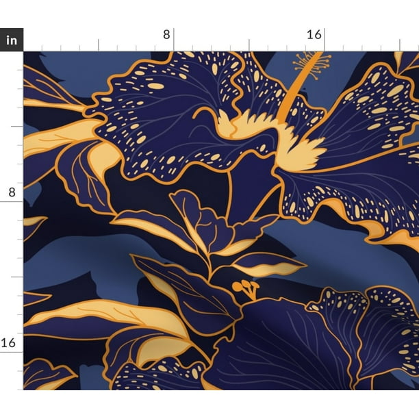 Spoonflower Fabric Tropical Hibiscus Floral Purple Gold Printed on