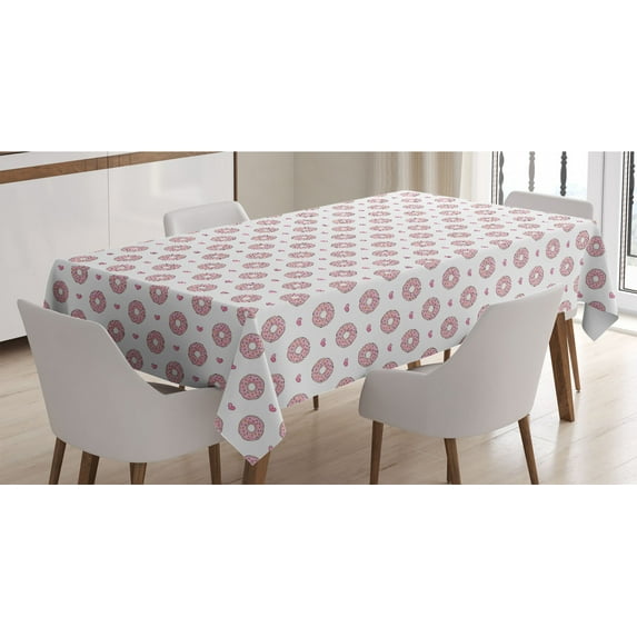 Donut Tablecloth, Pastel Colored Dessert Sweets Sprinkles and Hearts Valentine's Day Theme Print, Rectangle Satin Table Cover for Dining Room and Kitchen, 60" X 84", Pink and White, by Ambesonne