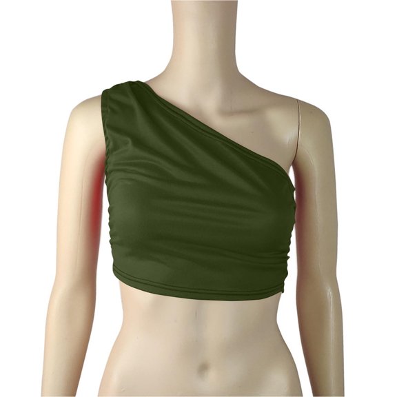 Uaswgudfs Women's Sleeveless Crop Tops One-Shoulder Ruched Tank Top Trendy Fashion Blouse