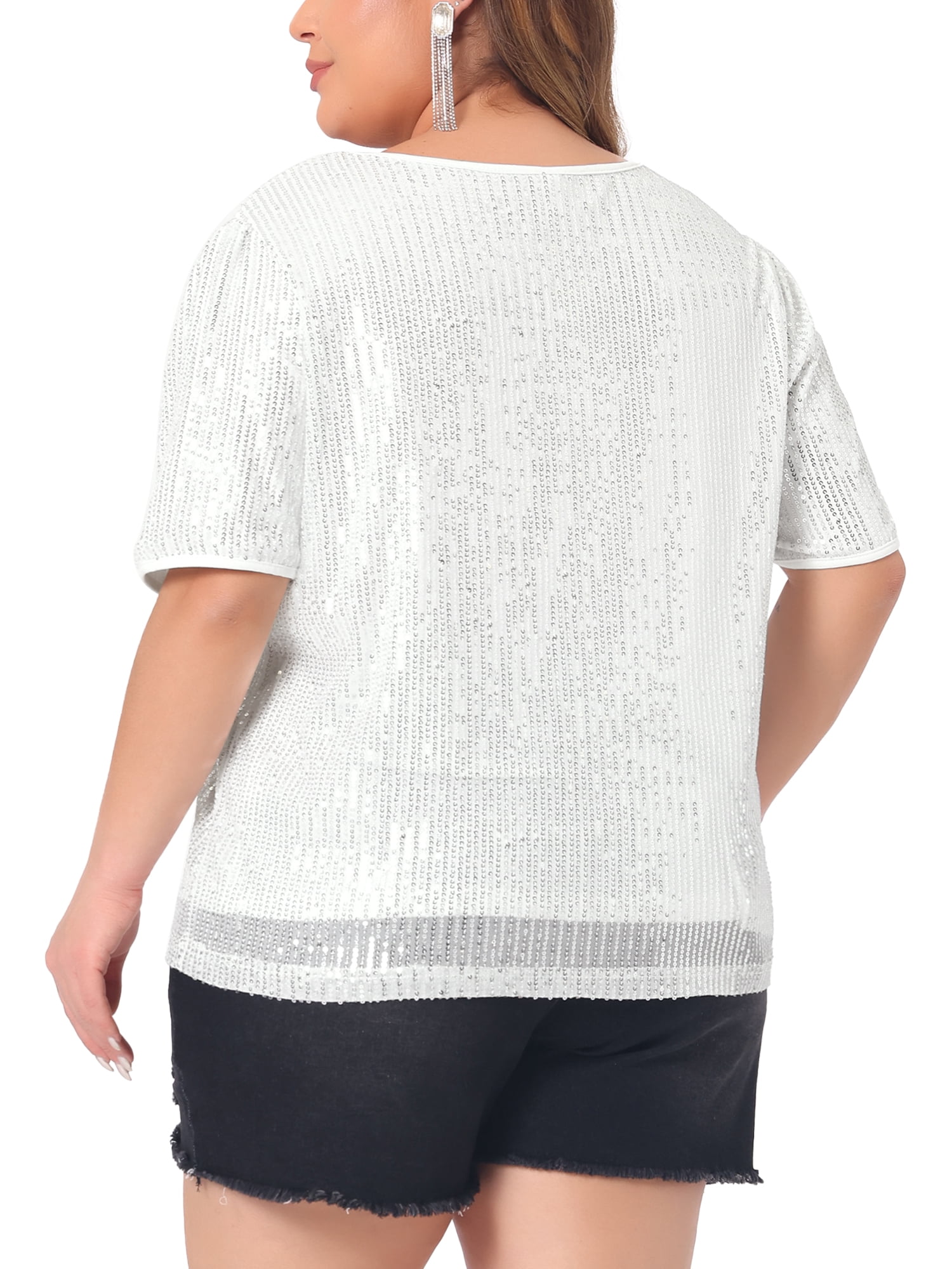 DARING DIVA Women's Plus Sparkly V Neck Short Sleeve Party Tops Blouses 3X Silver