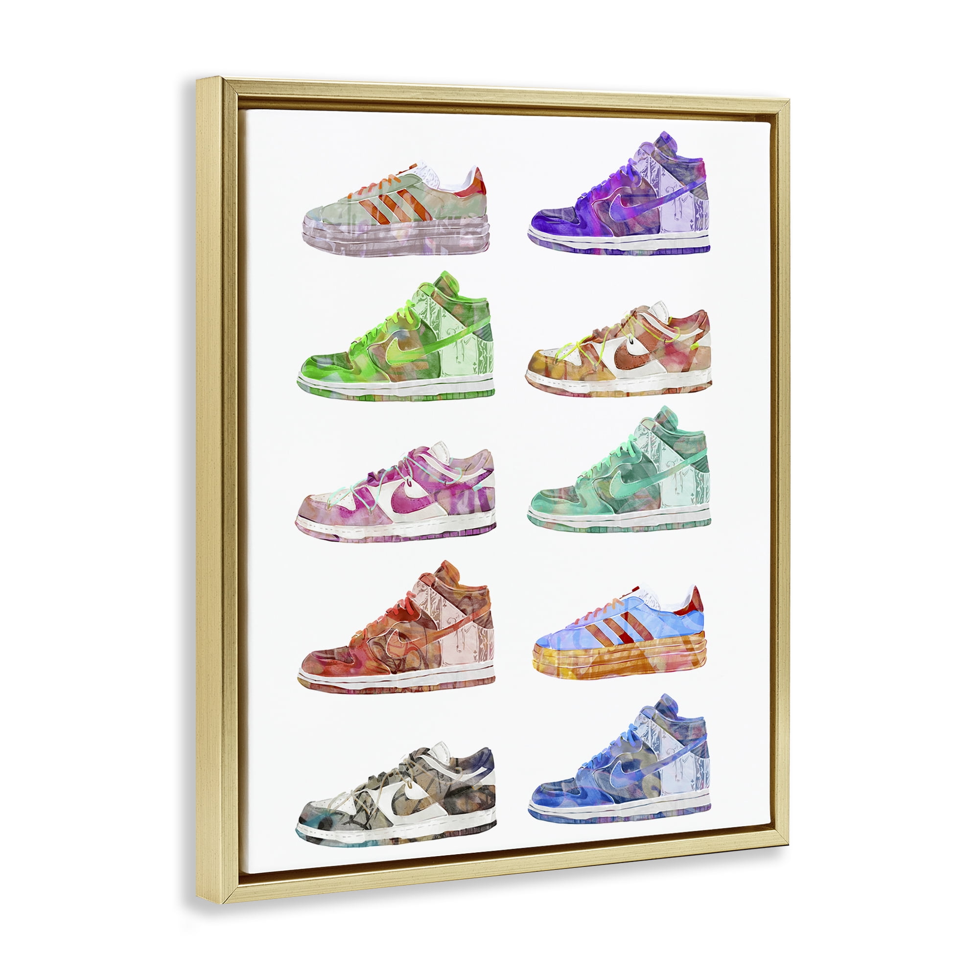Stupell Industries Rows of Chic Sneakers Fashion Painting Gold Floater Framed Canvas Art Print Wall Art, 25 x 31