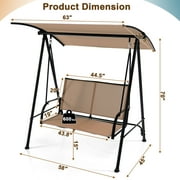Costway 2-Seat Patio Swing Porch Swing with Adjustable Canopy for Garden Dark Beige