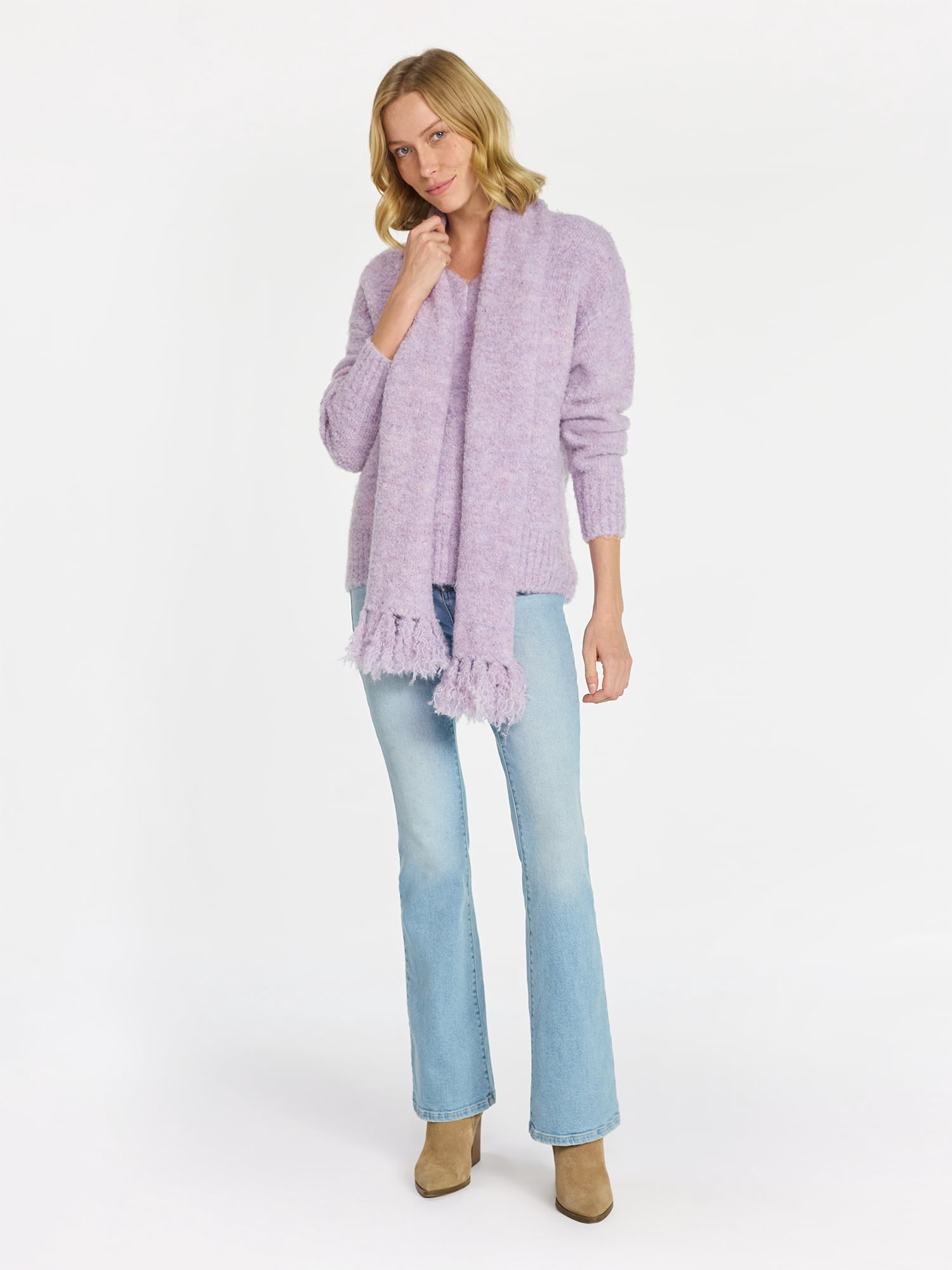 99 Jane Street Women's and Women's Plus Boucle Sweater and Scarf Set, Midweight, 2-Piece, Sizes XS-4X