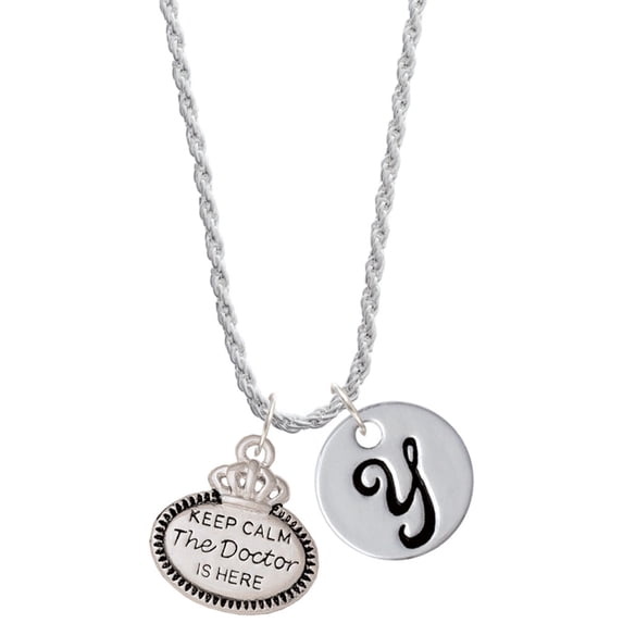 Delight Jewelry Silvertone Keep Calm The Doctor is Here Silvertone Script Initial Disc - Y - Charm Necklace, 20"+3"