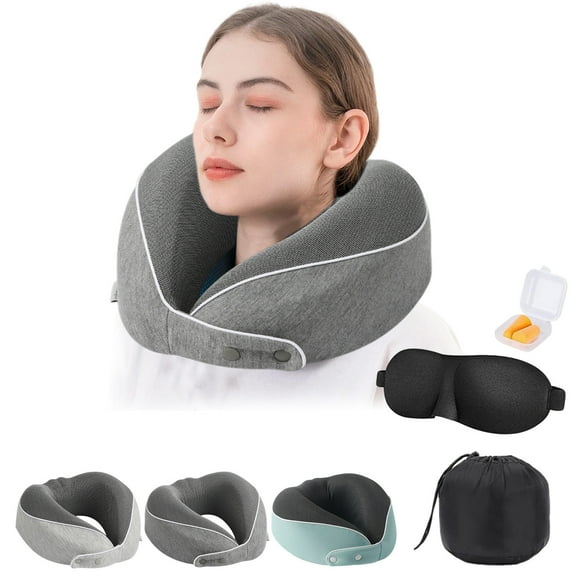 Up to 60% Off! Gspmoly 4Pc Set Travel Pillow Memories Foam Travel Neck Pillow with Eye Mask Earplugs Storage Bag for Plane Car Home Recliner Use up to 60% Off
