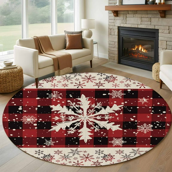 Christmas Snowflakes Round Rug 5ft Washable Circle Kitchen Rugs Non Slip Xmas Winter Vintage Red Plaid Large Area Rug Indoor Floor Carpet for Bedroom Living Room Home Office Dining Room Nursery