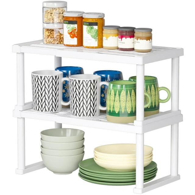 Organizador de estantes para gabinete, estantes de plástico expandibles para encimera de cocina, despensa y especiero, juego de 2, blanco