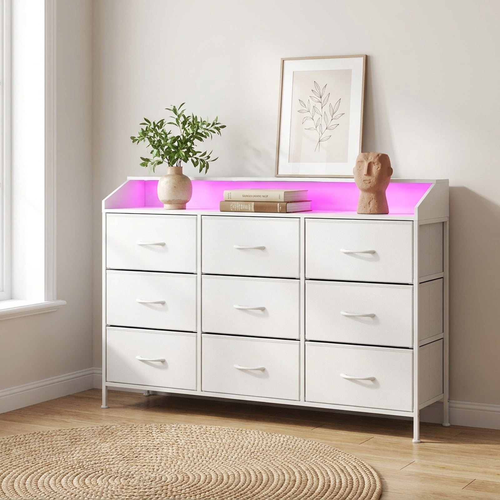 Furnibear Storage Organizer with LED Lights and 9 Fabric Drawers for Bedroom for Bedroom Closet Living Room Nursery Clothes Storage, White