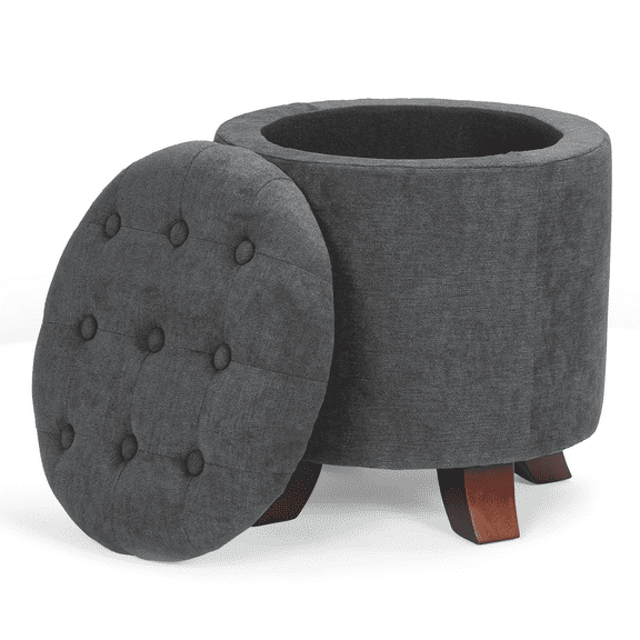 SgoodS 17" Dark Gray Lift Top Storage Ottoman Round Modern Tufted Footstool Wooden Legs