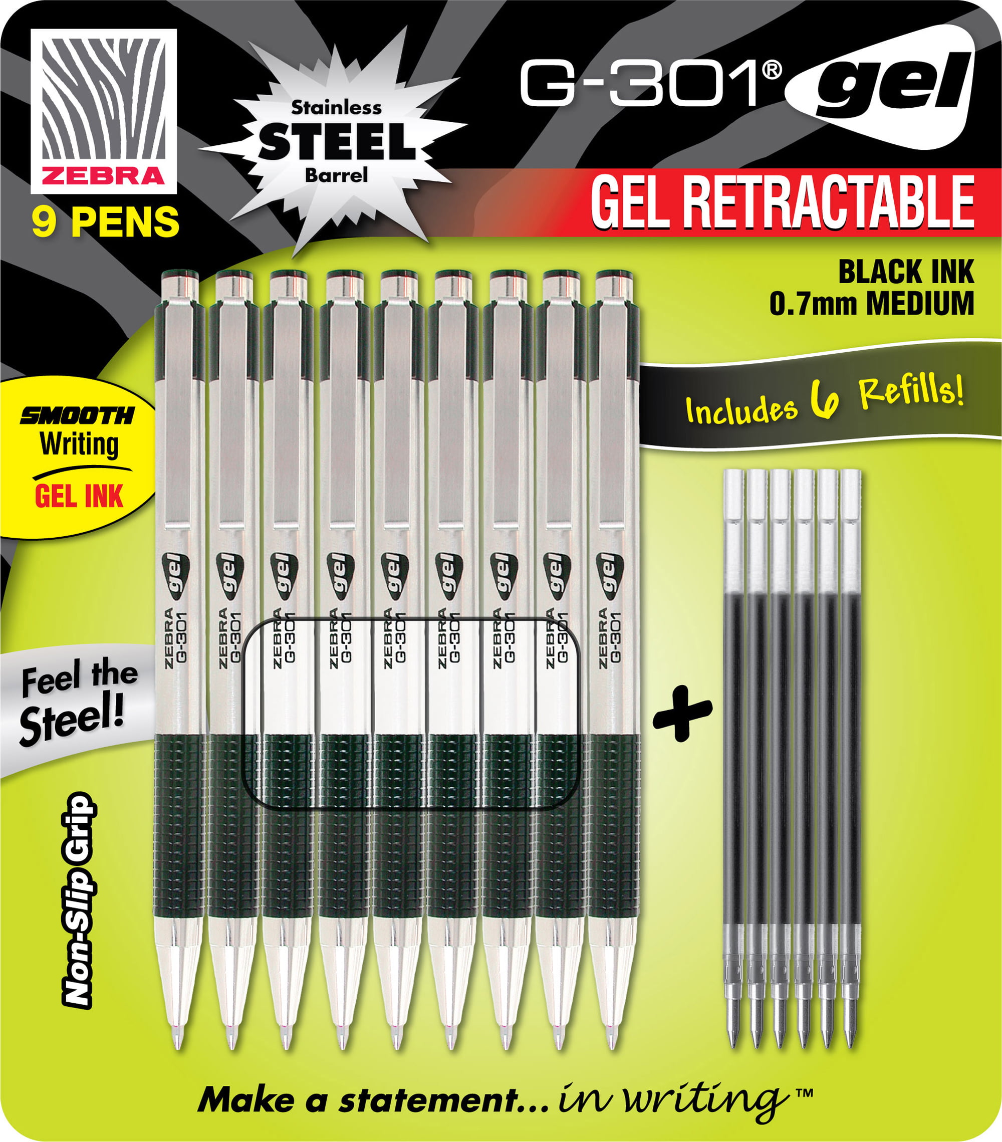 Zebra G-301 GEL Stainless Steel 9 PK 6 Refill Cartridges Black Ink Pens G301 for sale online 
