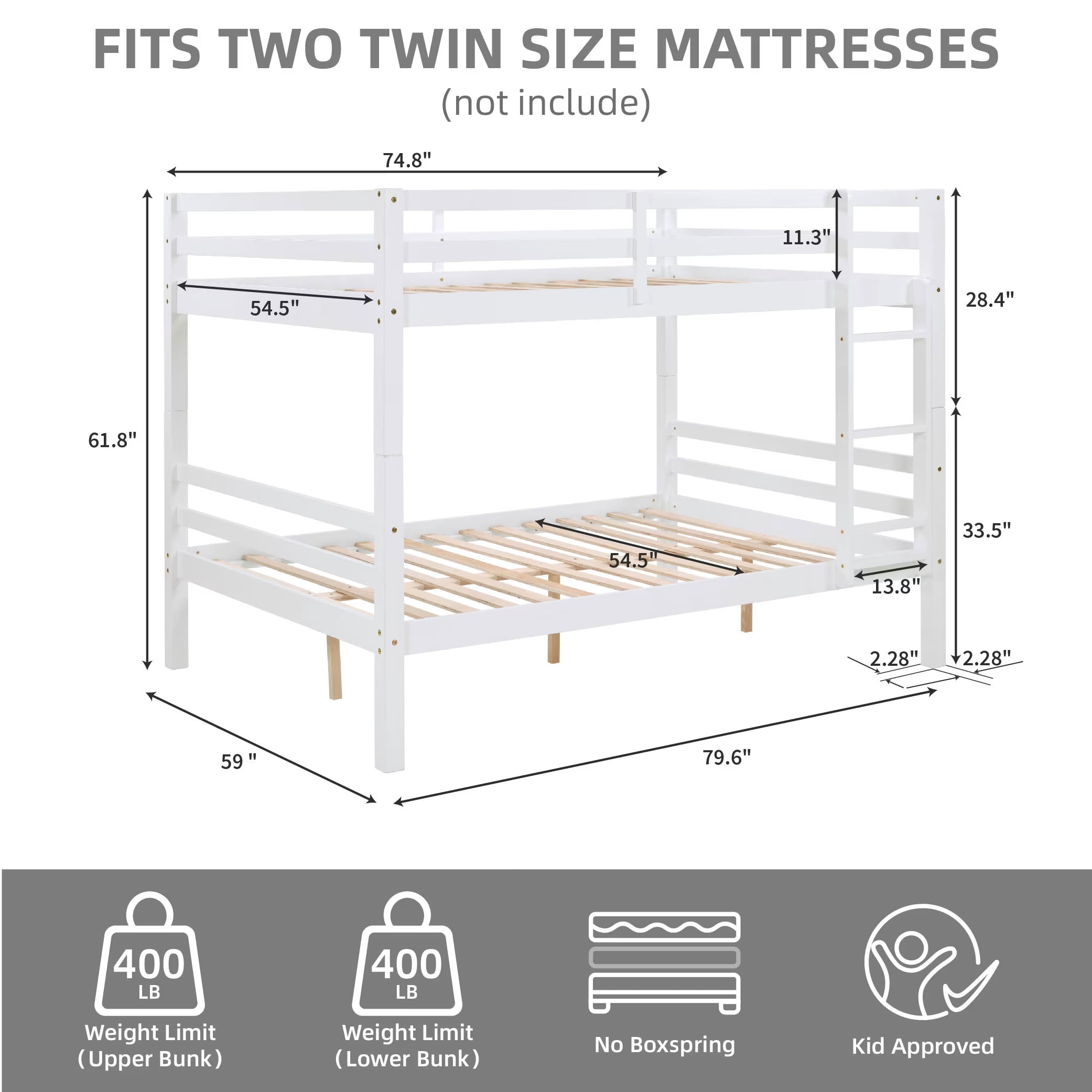 MAYEERTY Full over Full Bunk Bed with Thick Posts, Solid Wood Bed Frame with High Guardrail and Ladder, for Kids Teens Dorm Rooms, No Box Spring Needed