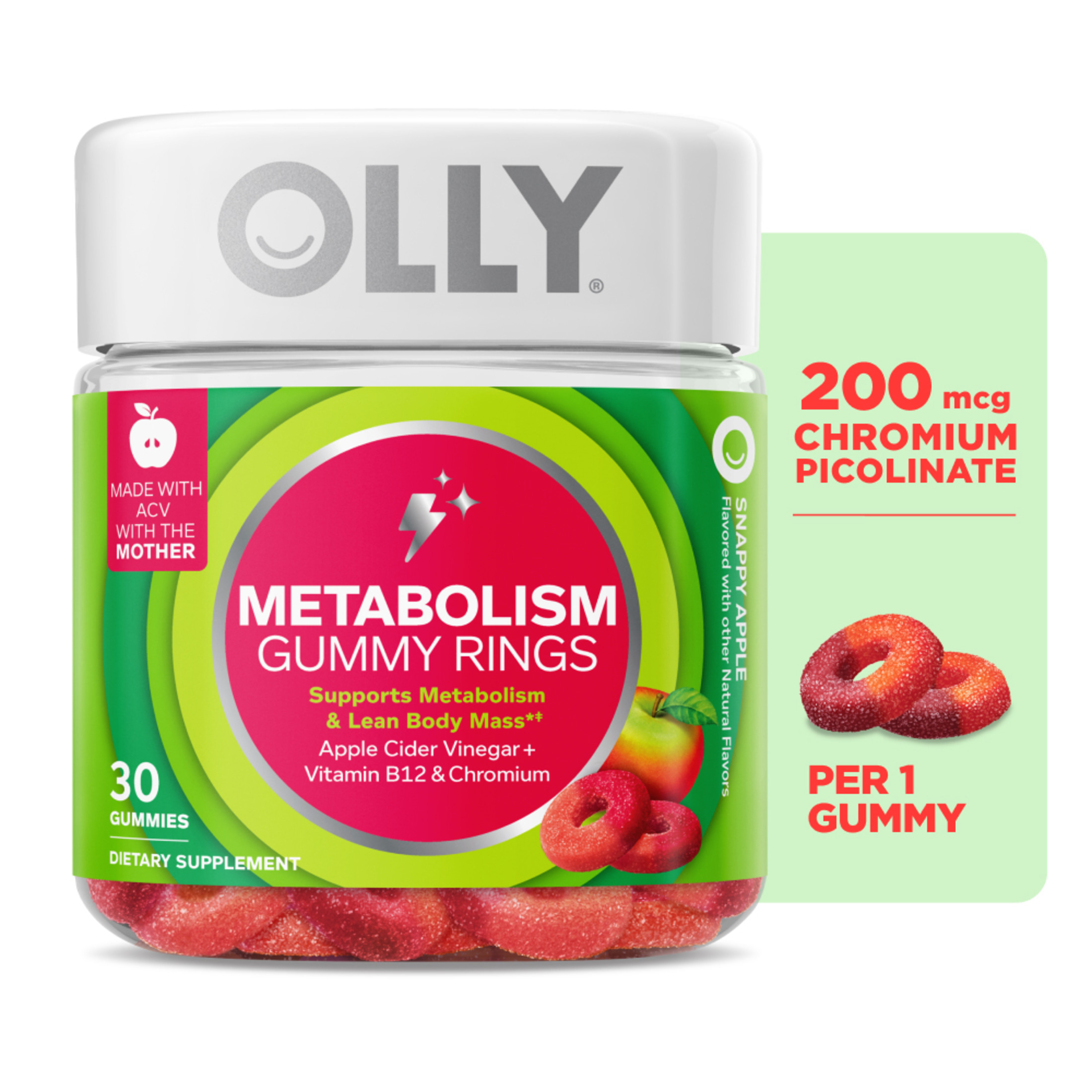 OLLY Metabolism Gummy Ring Supplement, Apple Cider Vinegar, Vitamin B12, Chromium Picolinate, Apple Flavored, 30 Ct