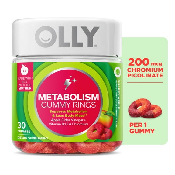 OLLY Metabolism Gummy Rings, Apple Cider Vinegar, Chromium, Adult Metabolism* Support, Apple, 30 Ct