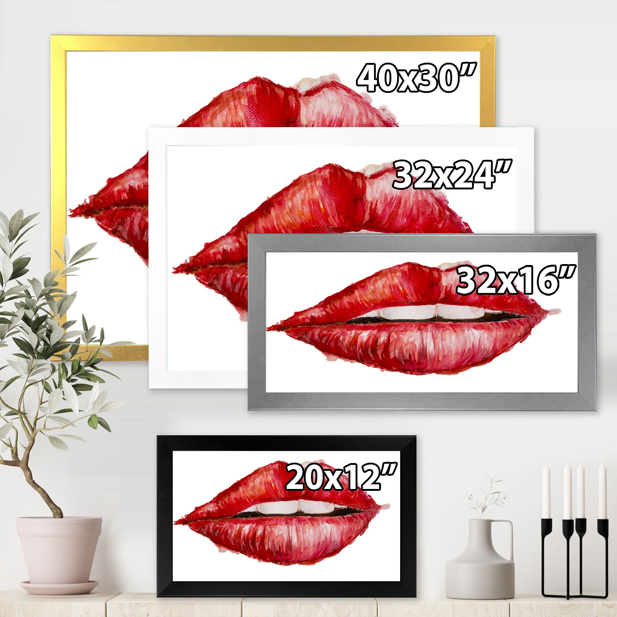 Designart 'Valentines Day Red Female Lips' Modern Framed Art Print