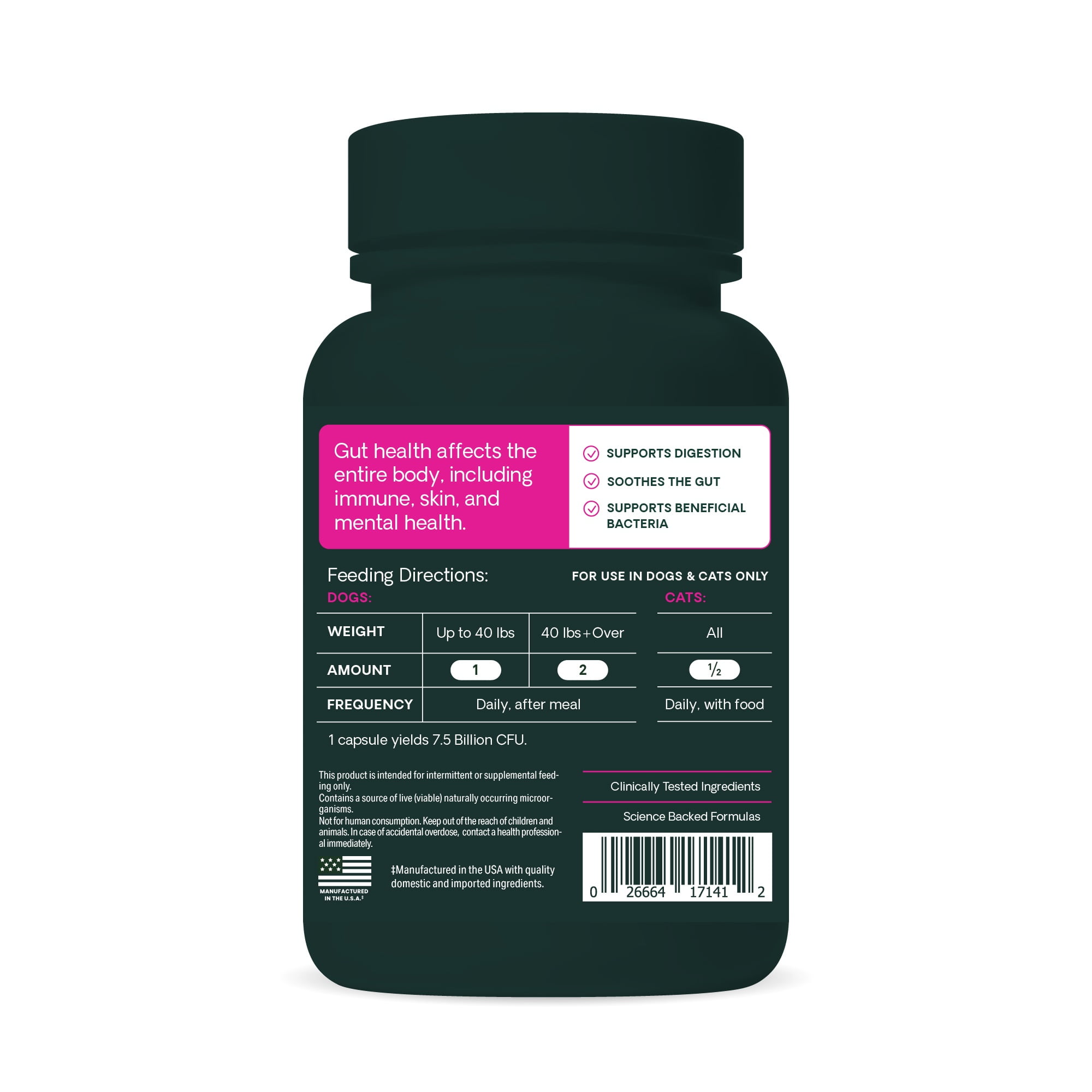 VetriScience Extra Strength Gut Health Probiotic Capsules for Dog & Cat, Unflavored, 120 Count Bottle
