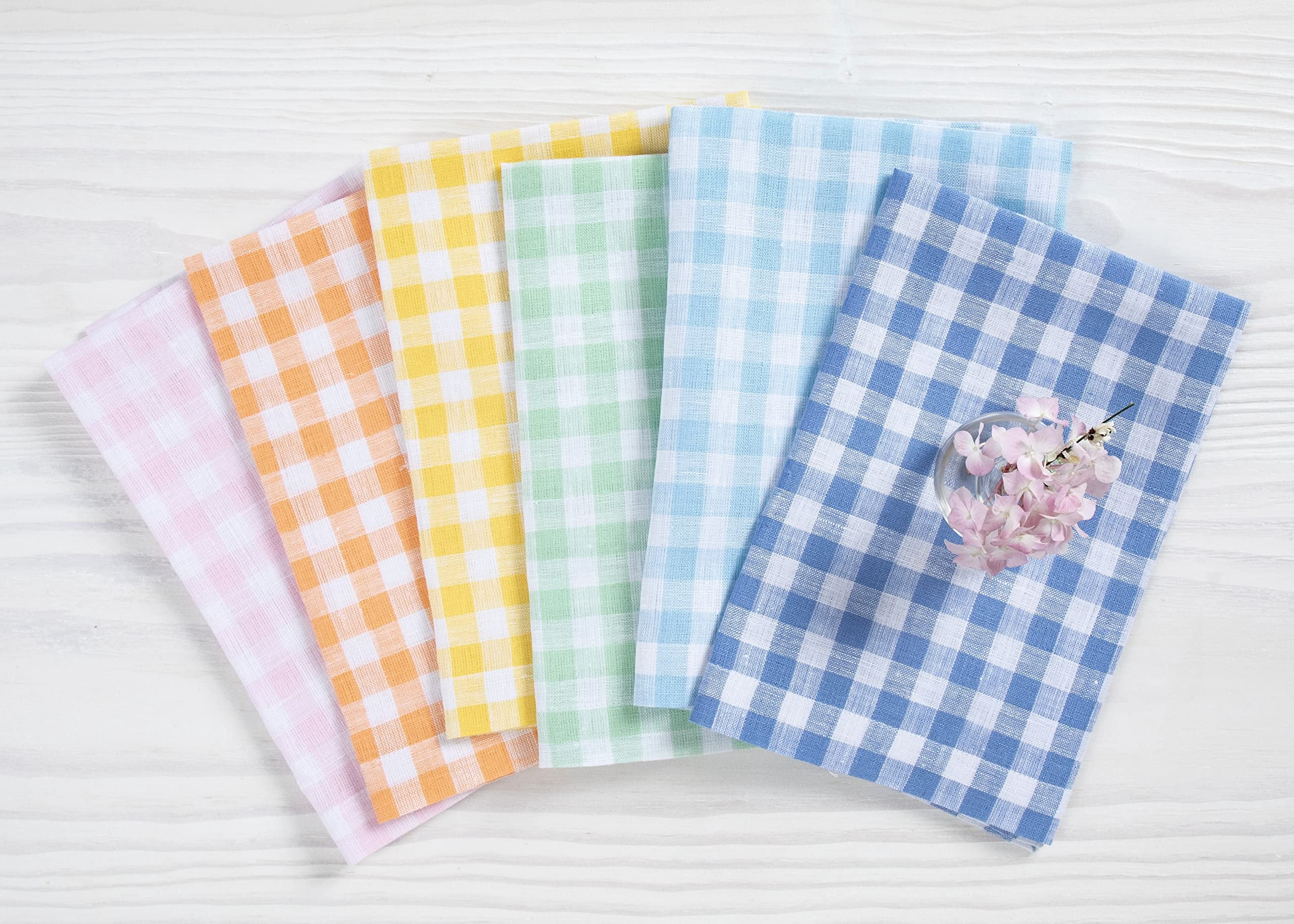 Linen Placemats Set of 4 - 100% Pure Linen Sunny Orange Cloth Place Mats 14 x 19 Inch - Gingham Check