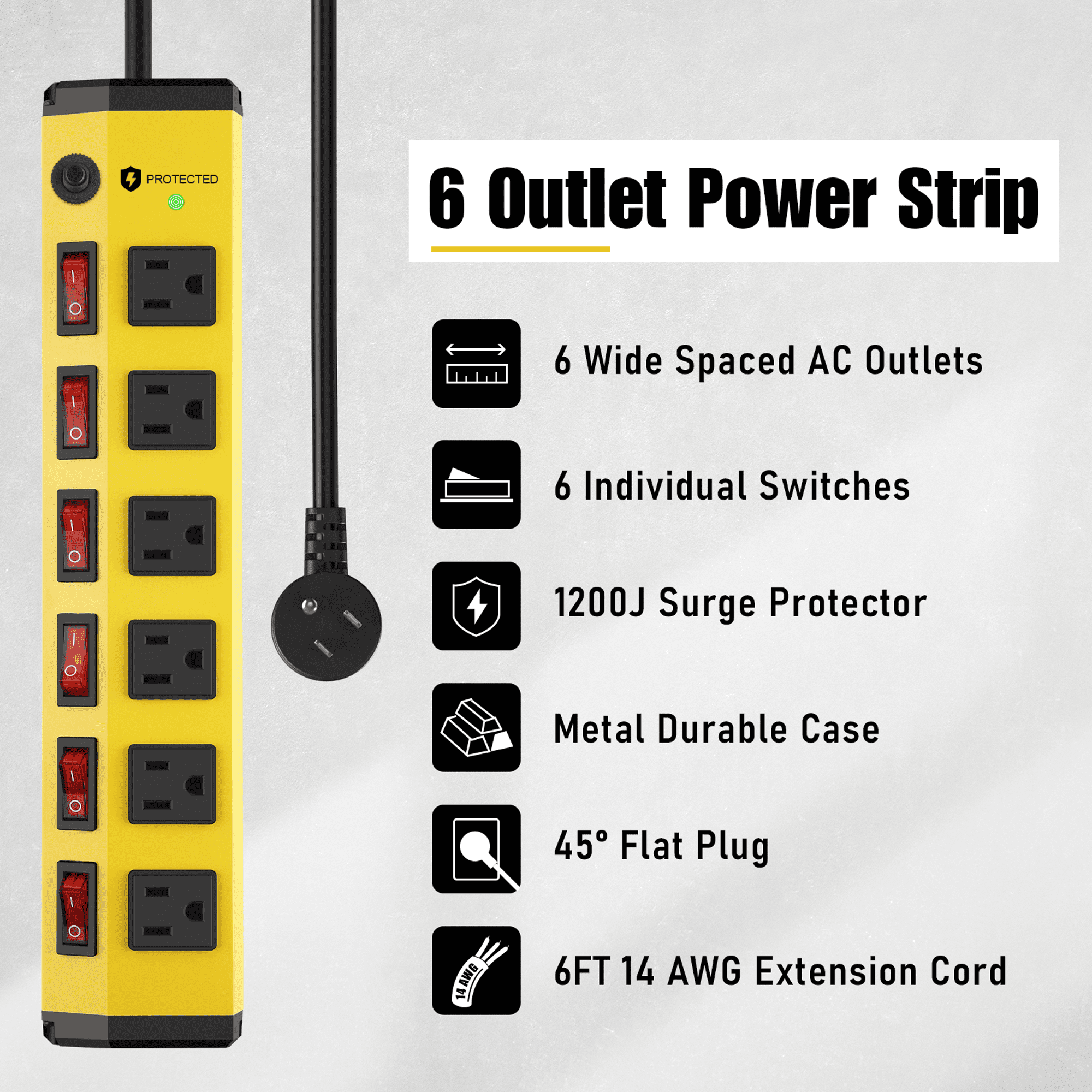VILONG Heavy Duty Surge Protector Power Strip with Individual Switches, Overload Protection, 1200J 6ft Extension Cord, 45°Flat Plug, ETL Certified