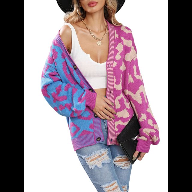 Cárdigan Holgado A Cuadros para Mujer, Abierto Al Frente, Suéteres Oversize con Gráficos Vintage, Abrigo de Punto A Cuadros. Púrpura M