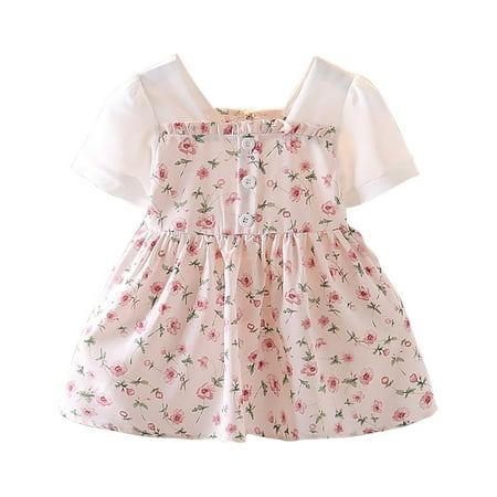 

Pedort Little Girl Dresses For Wedding Girls Dresses Short Sleeve Ruffle Chiffon Swing Flowy Dress with Square Neck Pink 80