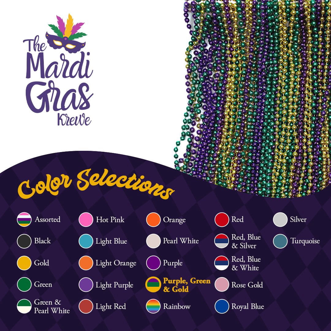 THE MARDI GRAS KREWE - Mardi Gras Beads - 33" 7mm, 120 Necklaces Purple, Green, Gold - Bulk Pack for Party Favors, Decorations, Crafts