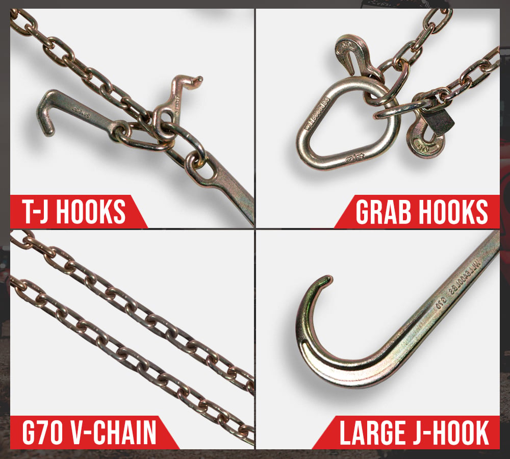 Mytee Products 5/16"x3' Leg Grade 70 V-Chain Bridle Tow w/ 15" Large Shank J Hook, T-J Hook & Grab Hooks for Towing - 4700 LBS WLL Tow Truck Chain Accessories for Flatbed Trailer Wrecker Recovery