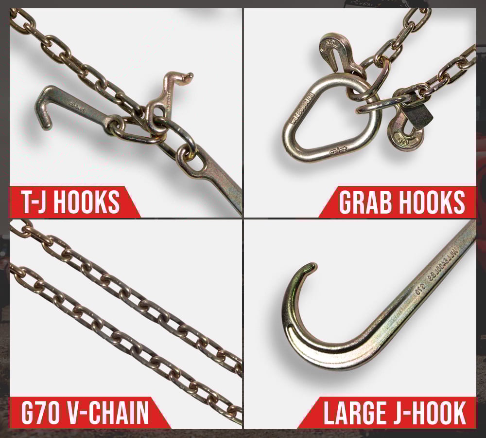 thumbnail image 4 of Mytee Products 5/16"x3' Leg Grade 70 V-Chain Bridle Tow w/ 15" Large Shank J Hook, T-J Hook & Grab Hooks for Towing - 4700 LBS WLL Tow Truck Chain Accessories for Flatbed Trailer Wrecker Recovery, 4 of 12