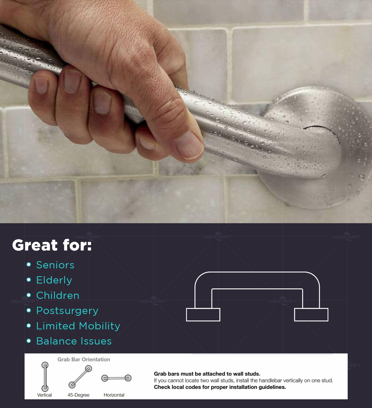 Highcraft Grab Bar for Bathtubs and Showers, Anti Slip Shower Grab Bars for Seniors and Elderly, Safety Bar for Bathroom 36" x 1.5" ADA Compliant Grab Bar, Heavy Duty Stainless Steel Shower Handle