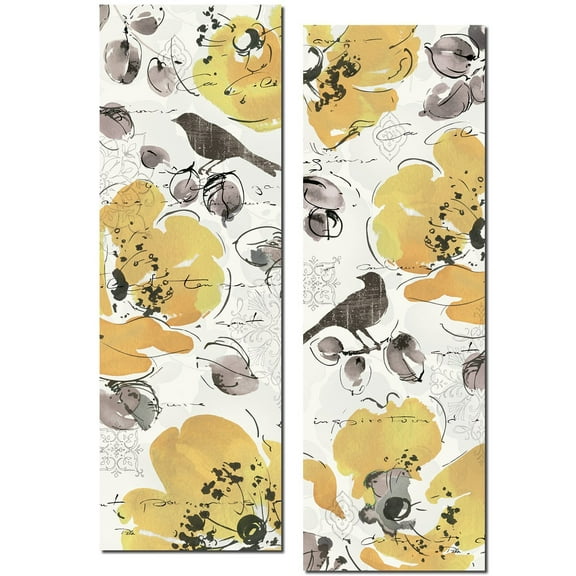 Brown and Yellow Flower and Bird Adult Floral Decor; 2 - 6" x 18" Unframed Posters