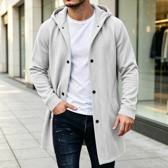 HCBY Men's Long Hooded Cardigan, Button Down Fleece Tunic Coat with Pockets, Casual Solid Color Outerwear for Fall Winter Daily Wear