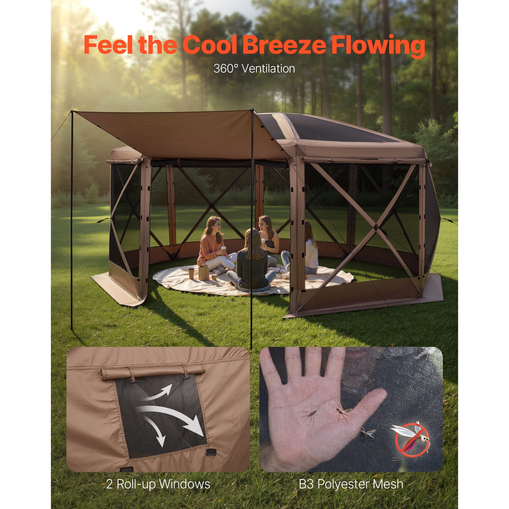 KFFKFF Pop-Up Gazebo Screen Tent, 15 x 15 ft 8-Sided Canopy with Detachable Roof & Storage Bag, Easy Setup & Insect-Resistant, Screened Sun Shelter for 12-15 People Outdoor Use, Brown